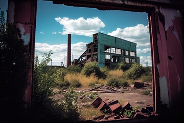 Sticker - industrial ruin, with view of the surrounding landscape, showing how it once contributed to the local economy, created with generative ai