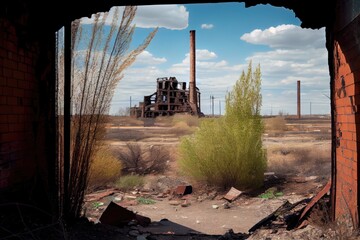 Sticker - industrial ruin, with view of the surrounding landscape, showing how it once contributed to the local economy, created with generative ai