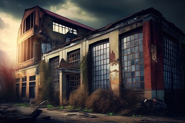 Sticker - old factory, with broken windows and rusty machinery left behind, created with generative ai