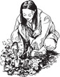 Hand drawn sketch of a woman working in the garden. Vector illustration.