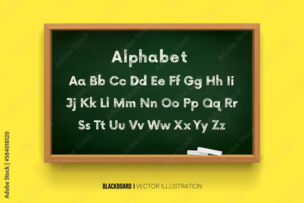 green school board with chalk on a bright yellow background. English ...