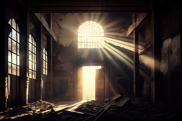 Wall Mural - industrial ruin, with sunbeams shining through broken windows and doors, created with generative ai