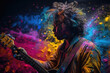 © cfhdesign - Musician playing guitar covered in rainbow coloured powder and paint. Generative Ai.