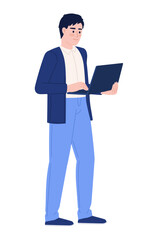 Fototapete - Working man with laptop semi flat color vector character. Male freelancer. Editable figure. Full body person on white. Simple cartoon style spot illustration for web graphic design and animation