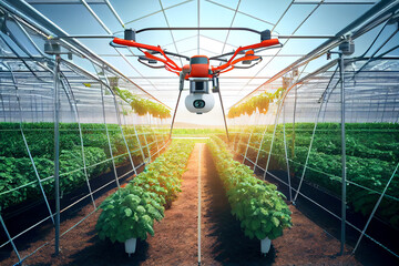 Poster - Futuristic tomato greenhouse with working robots. Generative AI, Generative, AI