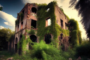 Poster - ruined building, with broken windows and crumbling walls, surrounded by overgrown vegetation, created with generative ai