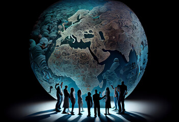 A group of people standing around a large globe with a map of the world. Generate Ai.