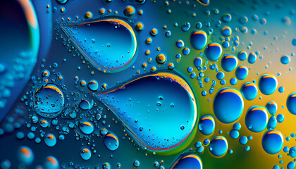 Canvas Print - Abstract bright colorful background with drops of oil and water in blue and turquoise tones, macro. . Generate Ai.