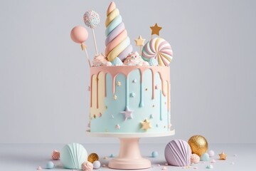 Colorful cake on a stand decorated with sweets, stars, chocolate for baby birthday on a light background.  Child's holiday.  Gentle, tender colors. Generative AI