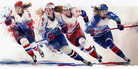 Ice Hockey and Female Empowerment: Watercolor Girls / Women playing Hockey. Poster. Generative AI.