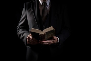 Man in suit holding a bible in his arm on a black background. AI generated