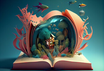 Wall Mural - Books imagination, 3d illustration. Generate Ai.