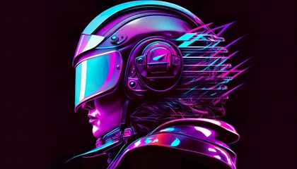 Racer in Helmet Synth wave . Creative illustration. (Ai Generate)