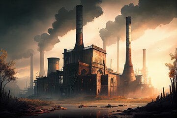 Wall Mural - industrial ruin, with towering smoke stacks and steam rising from the chimneys, created with generative ai