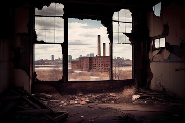 Sticker - industrial ruin, with view of the city skyline in the distance, symbolizing a once-thriving industry, created with generative ai