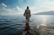 Jesus Christ walking on water on the sea of Galilee. AI generated