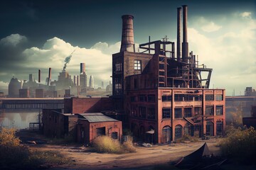 Canvas Print - industrial ruin, with view of the city skyline and modern buildings in the background, created with generative ai