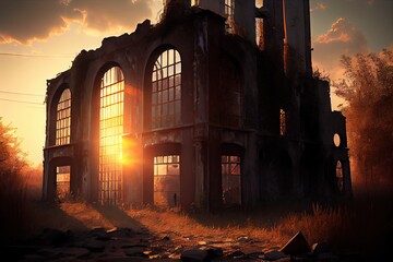 Wall Mural - industrial ruin, with sun setting behind it, casting warm light on the scene, created with generative ai