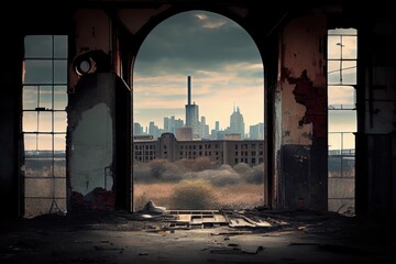 Canvas Print - industrial ruin, with view of the city skyline in the background, showing past and present, created with generative ai