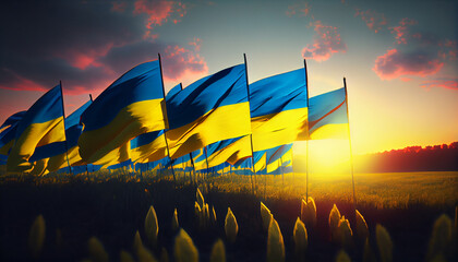 Wall Mural - Field of Ukrainian flags at Sunset. Generate Ai.