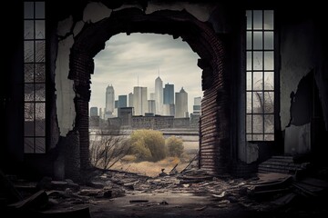 Wall Mural - industrial ruin, with view of modern city skyline in the background, created with generative ai