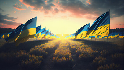 Wall Mural - Field of Ukrainian flags at Sunset. Generate Ai.