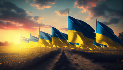 Wall Mural - Field of Ukrainian flags at Sunset. Generate Ai.