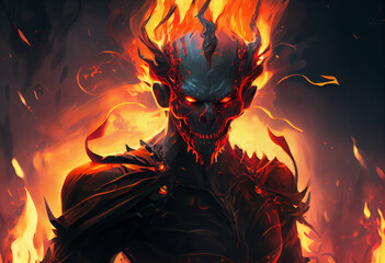 Wall Mural - illustration painting of horror character of demon skeleton with fire flames in hellfire, digital art style. Generate Ai.