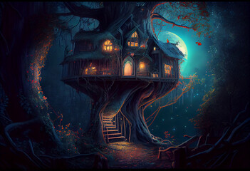 magical fantasy fairy tale scenery of tree house at night in a forest. Generate Ai.