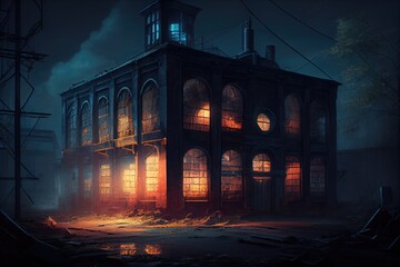 Poster - nighttime view of industrial ruin, with the lights shining and illuminating its interior, created with generative ai