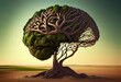 Tree in the shape of brain thinks and childrens to environmental solution. Generate Ai.