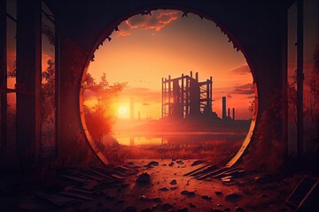 Wall Mural - industrial ruin, with view of the sunset over a picturesque landscape, created with generative ai