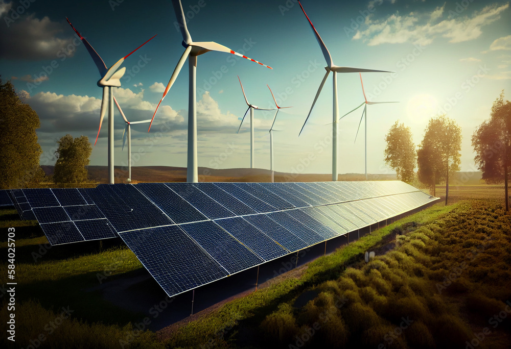 Wind turbines and solar panels farm in a field. Renewable green energy ...