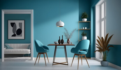 Wall Mural - modern living room argentianan blue,table and chairs  -AI Generative 
