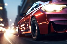  A Red Sports Car Driving Down A City Street At High Speed With Headlights On It's Headlamps And A Blurry Background Of Buildings And Street Lights.  Generative Ai