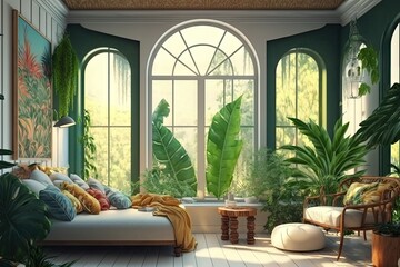 Wall Mural - bright exotic tropical room with view of jungle interior design, created with generative ai