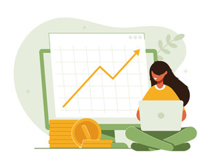 Poster - Analyst looks graph of earnings growth. Marketing data analysis. Business profit report. Successful investment of capital or money. Modern flat colorful vector illustration for banner, poster.