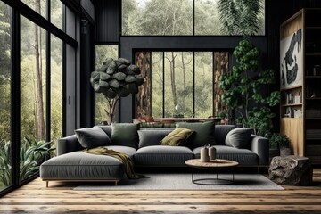 Wall Mural - large gray sofa in interior of wooden house with panoramic windows jungle interior design, created with generative ai