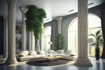 Wall Mural - large space room in modern style with tree columns jungle interior design, created with generative ai