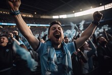 Fan Celebrating His Teams Victory At Soccer Match In Stadium. Generative AI Illustration
