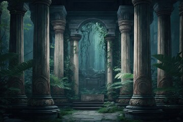 Wall Mural - interior space of temple with columns against backdrop of flora and fauna jungle interior design, created with generative ai