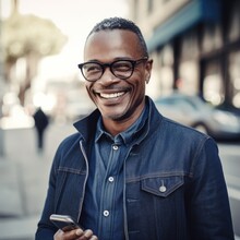 Portrait Of Black Man With Cell Phone Smiling On Street In San Francisco. Generative AI. 