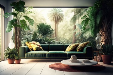 Wall Mural - jungle interior design with palm tree and green grass in sunny clearing, created with generative ai