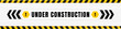 Under construction badge placed on gray background with black and yellow line striped. Attention label with Exclamation mark on hexagon. Vector illustration