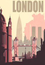 A Retro London Poster Featuring Its Famous Monuments And Sculptures Against A Distinctive Architectural Background To Create A Unique London Atmosphere. Generative AI