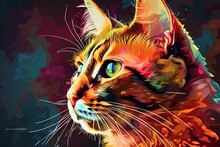  A Colorful Cat Is Shown In This Colorful Painting Of A Cat's Head And Eyes, With A Black Background And A Red, Yellow,  And Blue, And Pink, And Yellow, And White Cat.  Generative Ai