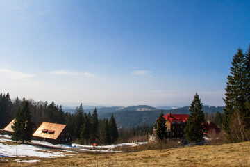 Wall Mural - Spring landscape with cottages.