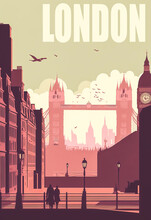 Spectacular View Of The City Of London And Its Famous Monuments, Vintage Poster Ideal For Adding Atmosphere To Graphic Designs. Generative AI