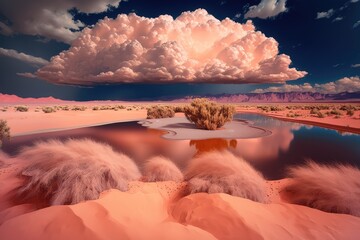 Sticker - romantic scenery of glowing pink sand dunes and clouds above lake in the desert, created with generative ai