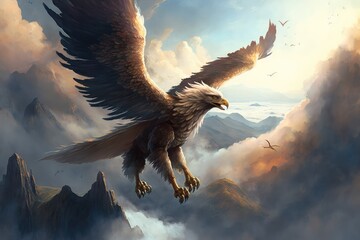 Wall Mural - griffin soaring above the clouds, with a majestic view of the landscape below, created with generative ai